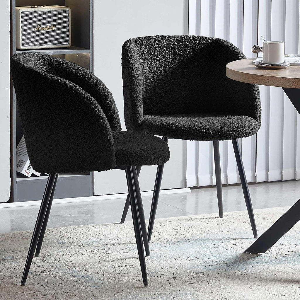 NORDICANA 3 Piece Dining Table and Chair Set, 37-Inch Engineered Wood Round Table Set with Black Fuzzy Sherpa Armchairs, Metal Leg for Small Spaces