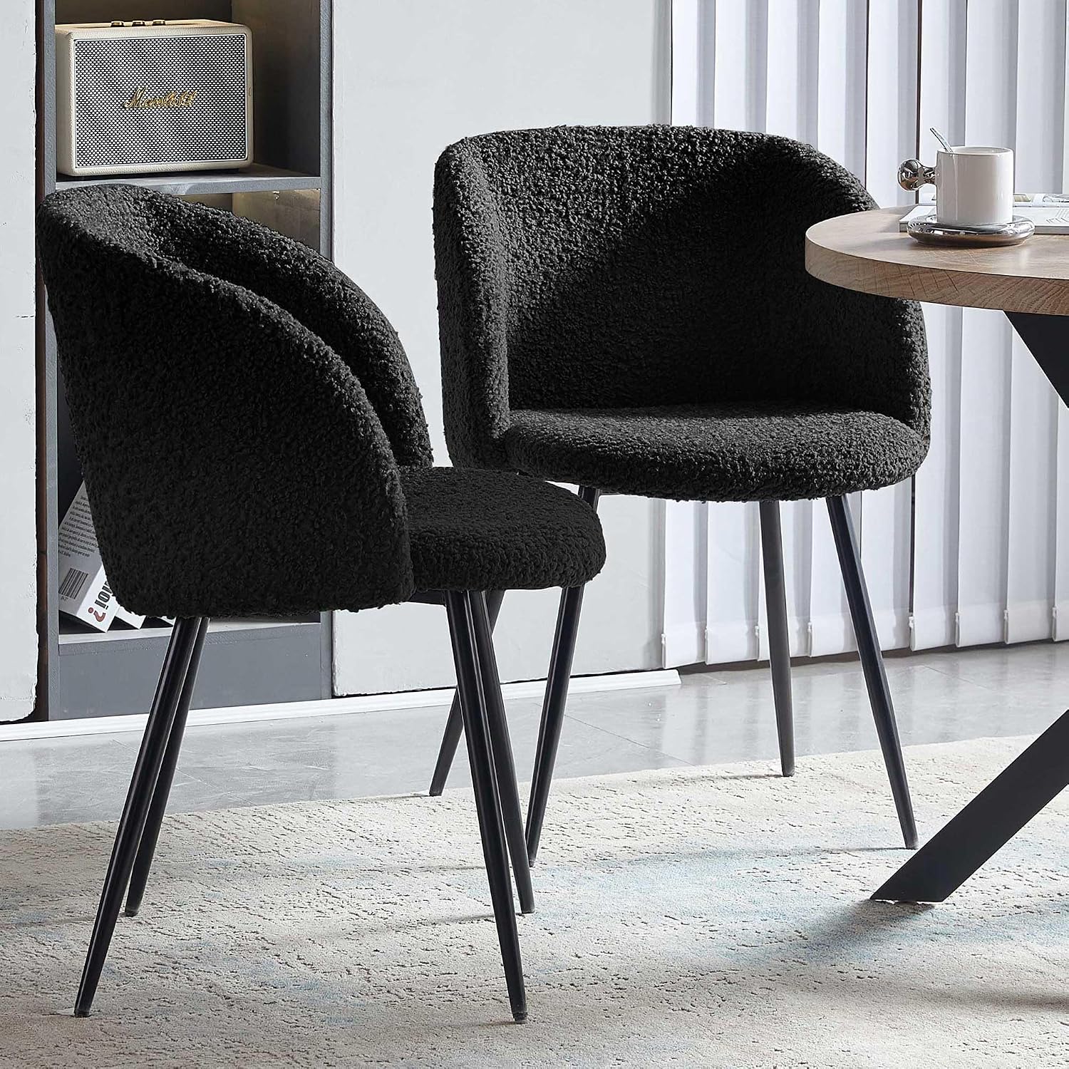 NORDICANA 3 Piece Dining Table and Chair Set, 37-Inch Engineered Wood Round Table Set with Black Fuzzy Sherpa Armchairs, Metal Leg for Small Spaces