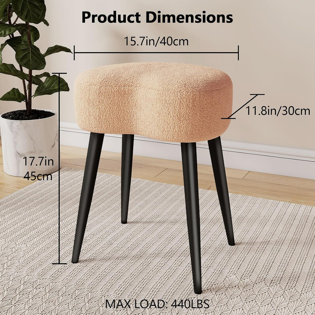 Teddy Velvet Vanity Stool, Upholstered Makeup Chair with Sturdy Metal Legs, Soft Padded Ottoman Footrest, Modern Accent Stool for Bedroom, Living Room, Entryway (Camel, 17.7in H)