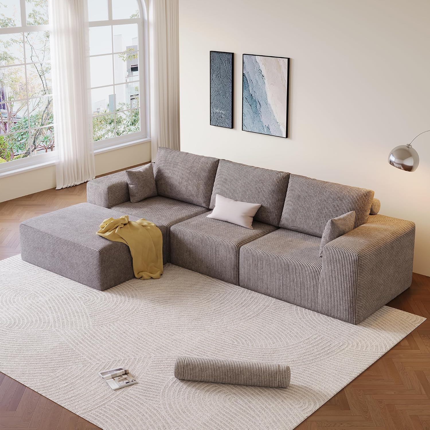 39.4" Oversized Couch Ottoman, Movable Rectangle Ottoman with Memory Foam, Corduroy Modular Foot Stool for Living Room Bedroom,Non-Slip Bottom, No Assembly Required (Gray)