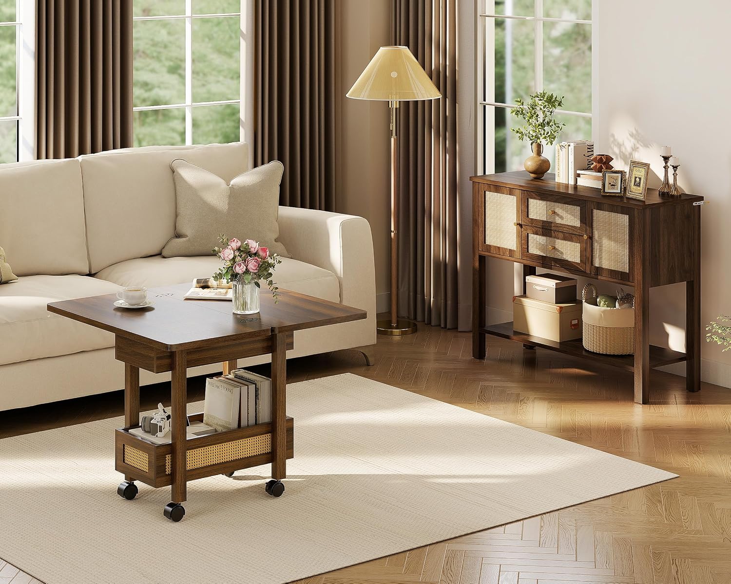 YOSHOOT Flip Top End Table with Charging Station, Narrow Side Table | 13" Wide, Rattan, Extensible Design, Small Table with Storage and Wheels, Suitable for Living Room Bedroom Apartment, Walnut