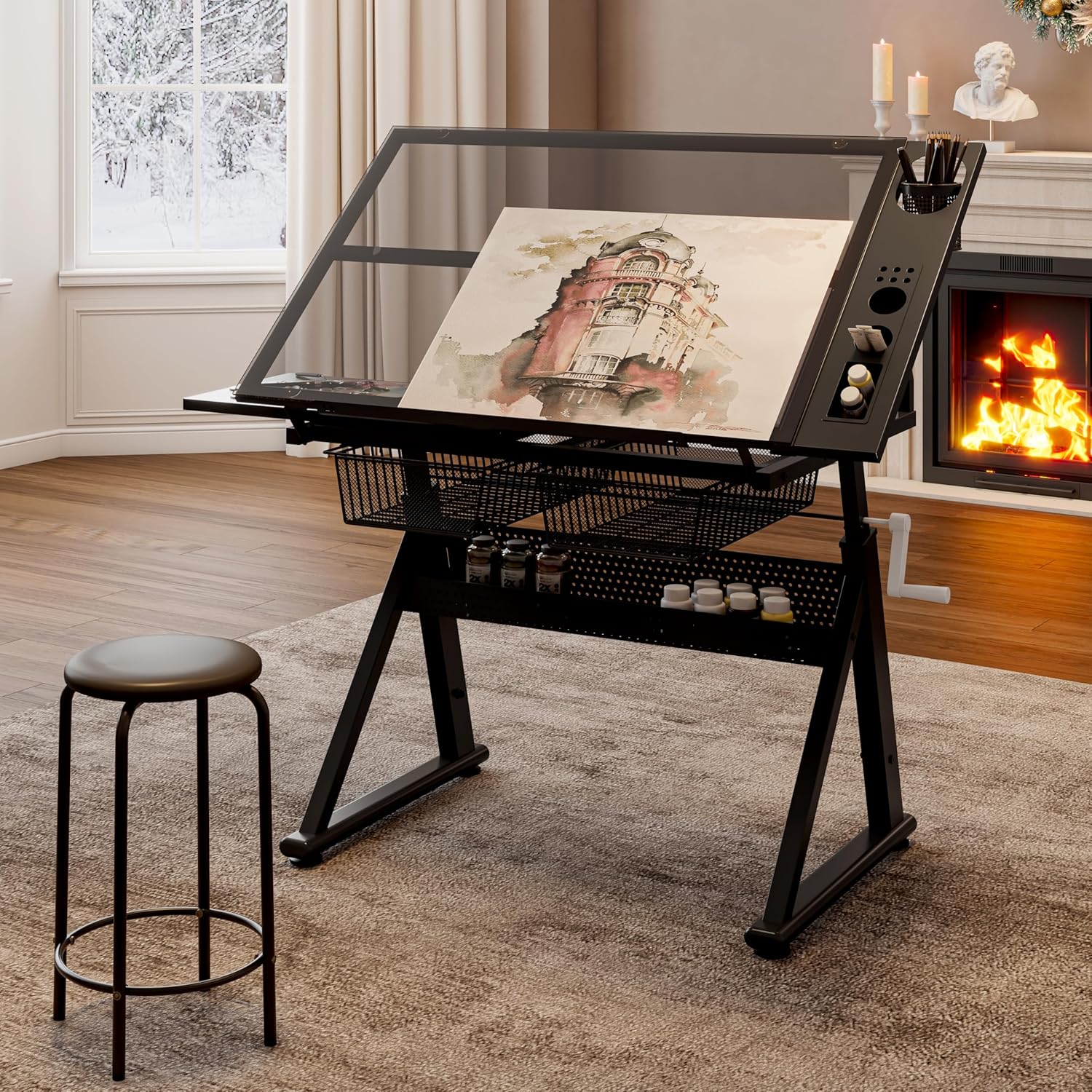 Drafting Table with Storage and Stool, Art Desk for Adults Hand Crank Adjustable Height with 2 Metal Drawers, Glass Craft Drawing Table Artist Desk with Extra Desktop (Black)