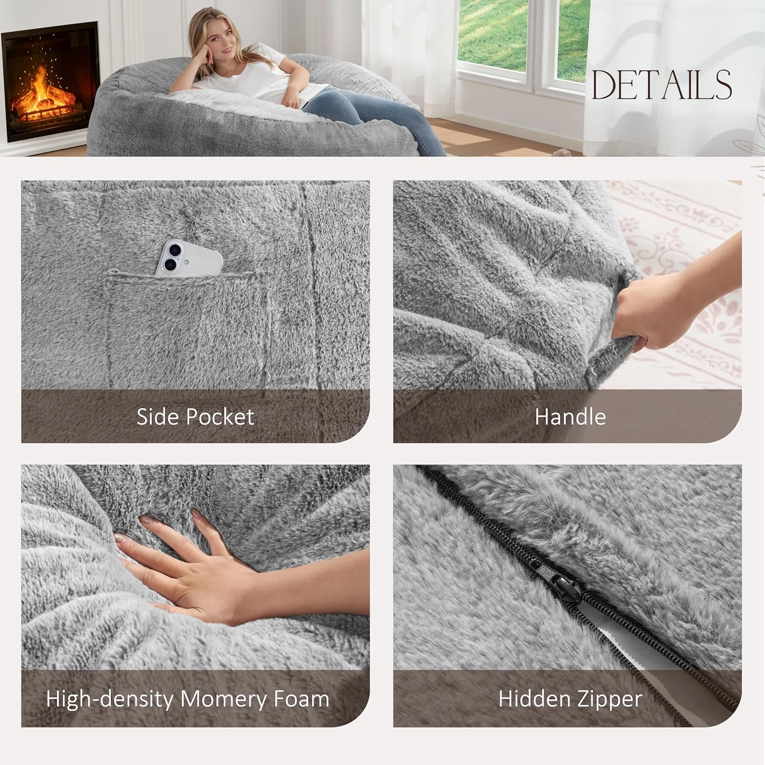 ZurNesfure Bean Bag Chair for Adults, 3FT Giant Bean Bag with Filler & Machine Washable Cover, Fluffy Bean Bag Chairs Oversized Beanbag Lounge Chair for Living Room, Bedroom Dorm (Grey, Medium)