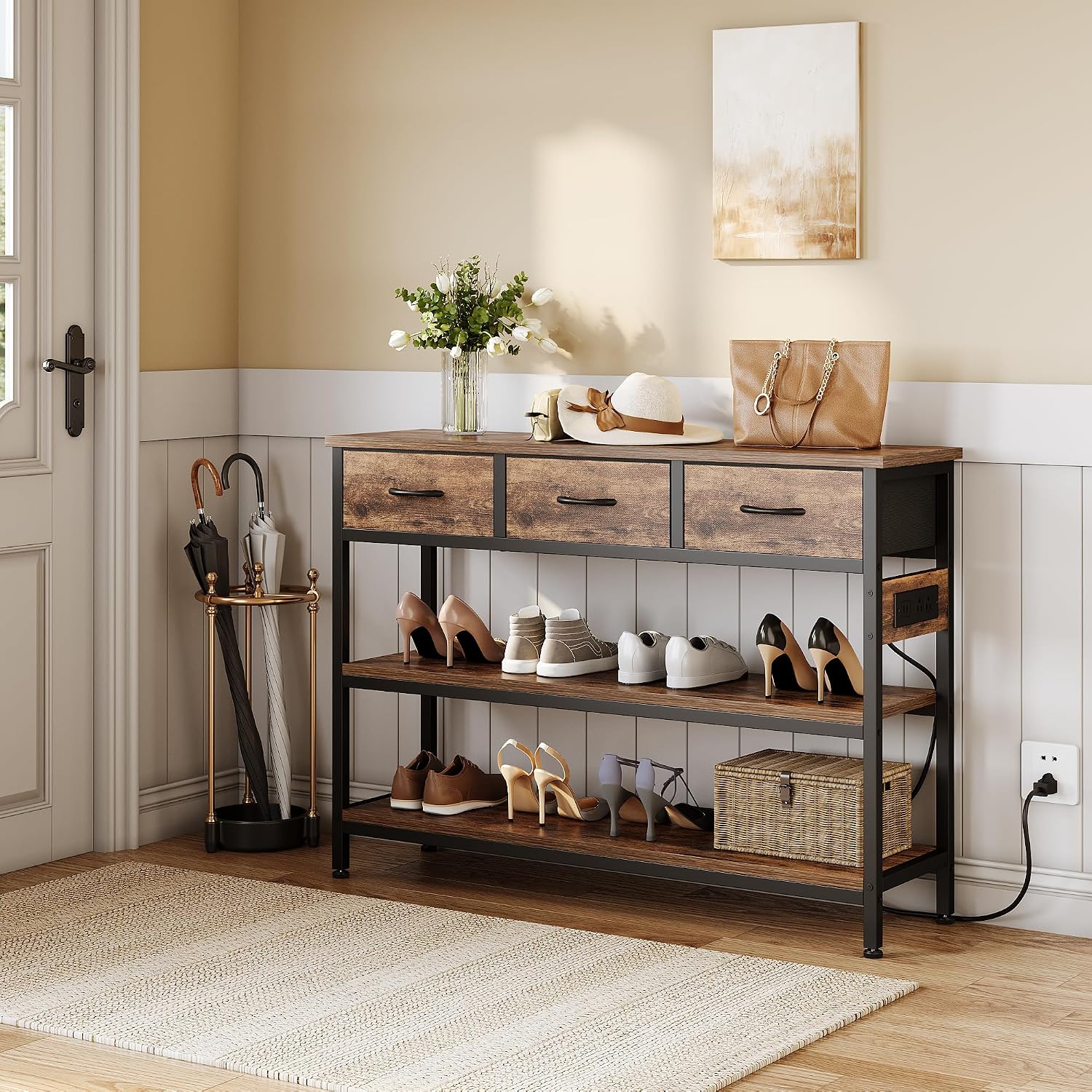 2 Pack Entryway Table with Outlets, 3 Fabric Drawers, 43in | 43.3"W x 11.8"D entry table with 2 outlets, 2 USB ports, swappable plug side, adjustable feet and anti-tip kit.