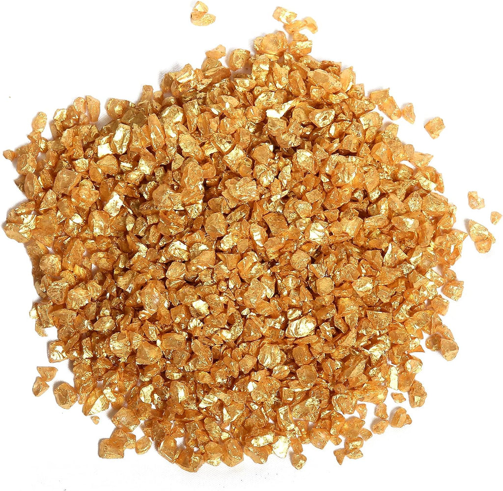 Syedra Crushed Glass for Crafts, Crushed High Luster Chips, Glitter, Broken Glass Pieces, Bar, Vase, Garden Decoration, 3-6mm, 410G (Shiny Gold)