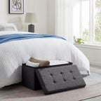 Ornavo Home 30 Inch Folding Storage Ottoman Bench, Tufted Linen, Dark Gray | Upholstered Large Ottoman with Lid; Foot Rest Stool; Ideal for Bedroom, Living Room or Entryway