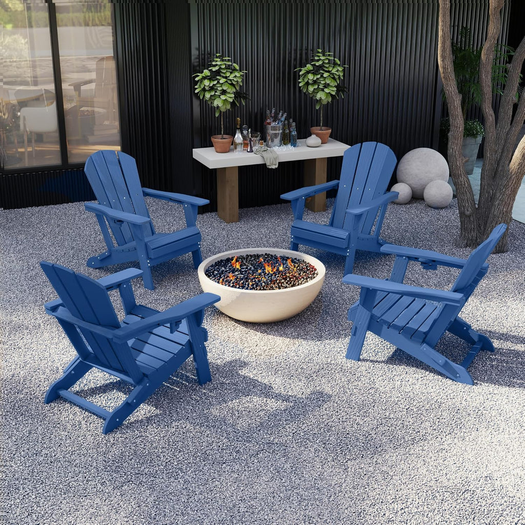 Kingdura Foldable Adirondack Chairs Set of 4, Portable HDPE All Weather Resistant Outdoor Patio Chair, Wooden Textured with Cup Holder, 380LBS Capacity for Poolside, Backyard, Fire Pit (Navy Blue)