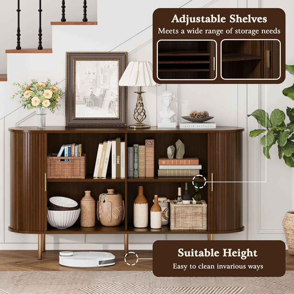 DHH Sideboard Buffet Cabinet with Storage,Mid Century Modern Fluted Accent Coffee Bar Console Table,Tambour Sliding Doors& Adjustable Shelf for Kitchen, Living Room, Entryway(Walnut,55 Inch)
