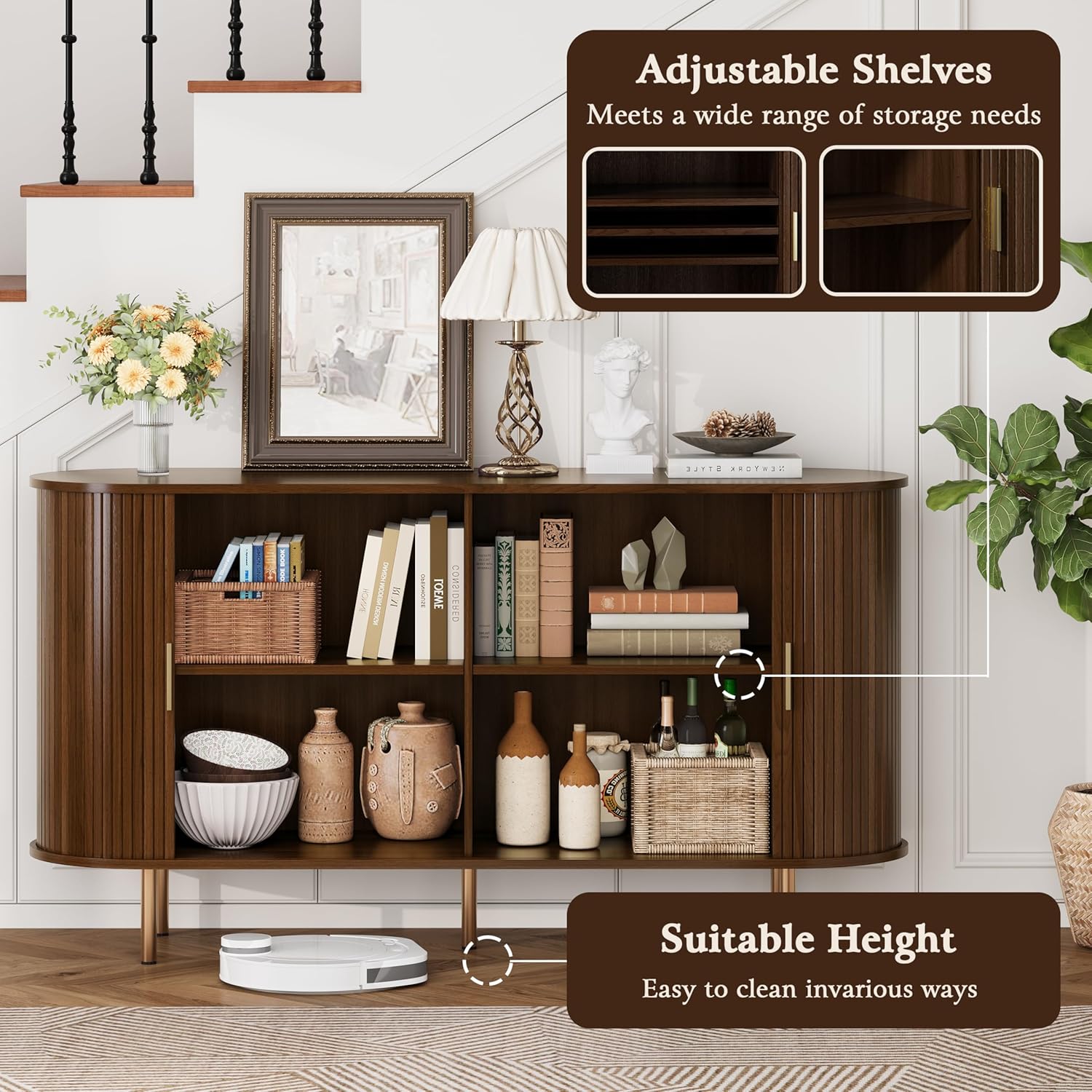 DHH Sideboard Buffet Cabinet with Storage,Mid Century Modern Fluted Accent Coffee Bar Console Table,Tambour Sliding Doors& Adjustable Shelf for Kitchen, Living Room, Entryway(Walnut,55 Inch)