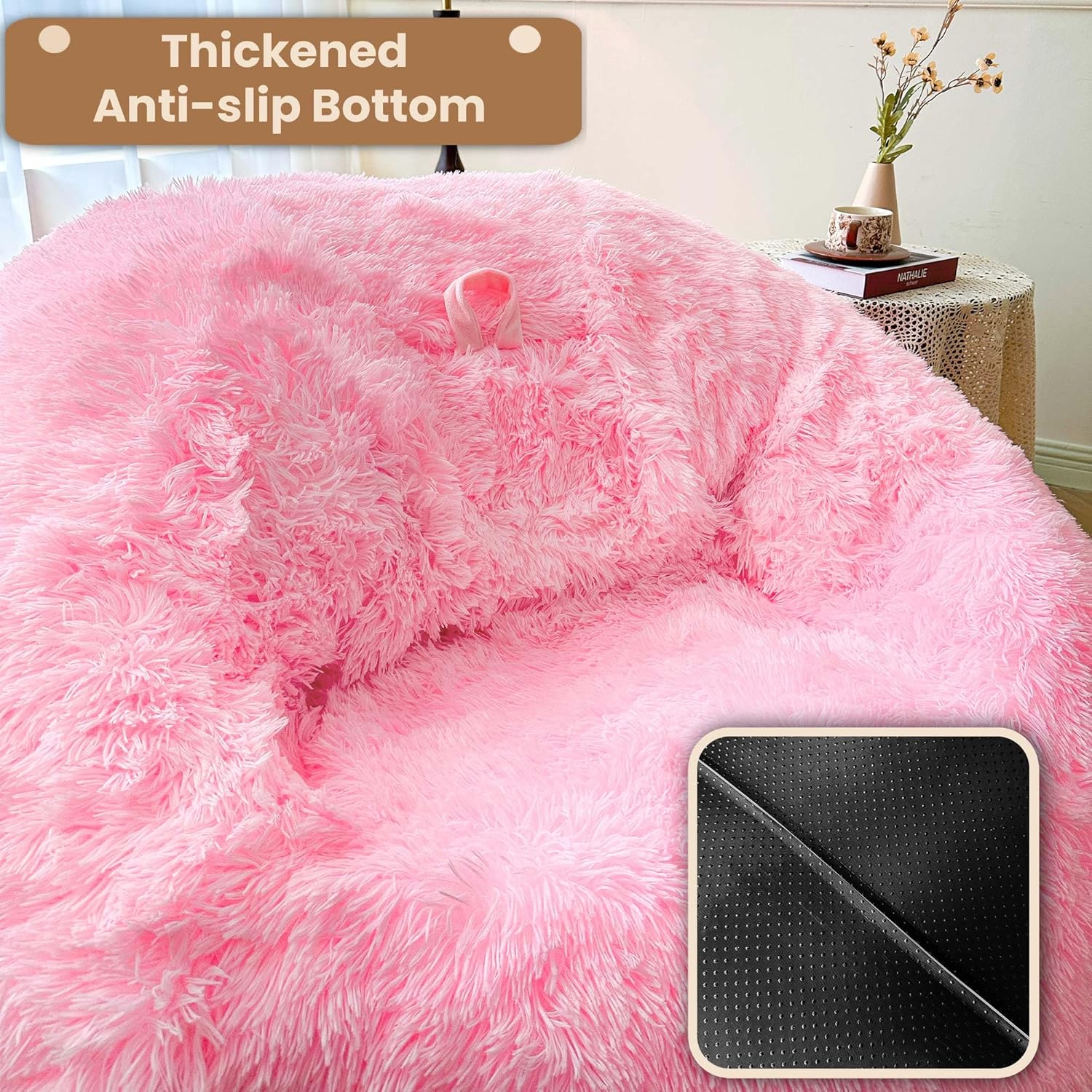 MEGO 5FT Fluffy Faux Fur Giant Bean Bag Chair Cover (No Filler), Soft Comfy Stuffed Animal Storage Cover for Adults Kids, Lazy Sofa Bed Beanbag Cover for Living Room Bedroom Decor, Anti-Slip, Pink