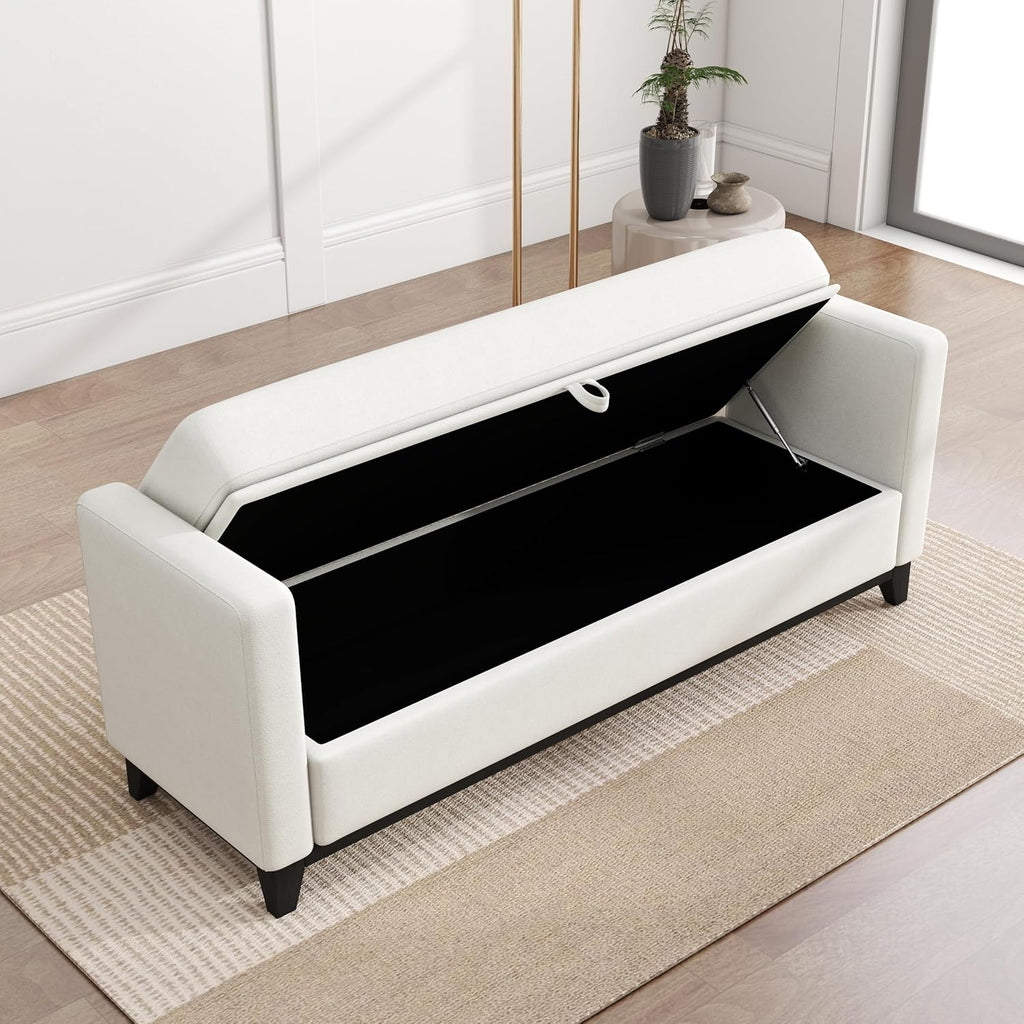 KEIKI Upholstered End of Bed Storage Bench, 66" Modern Bedroom Bench Indoor Bench with 2 Bolster Pillows, Entryway Bench with Solid Wood Frame for Bedroom Living Room, Beige+Black