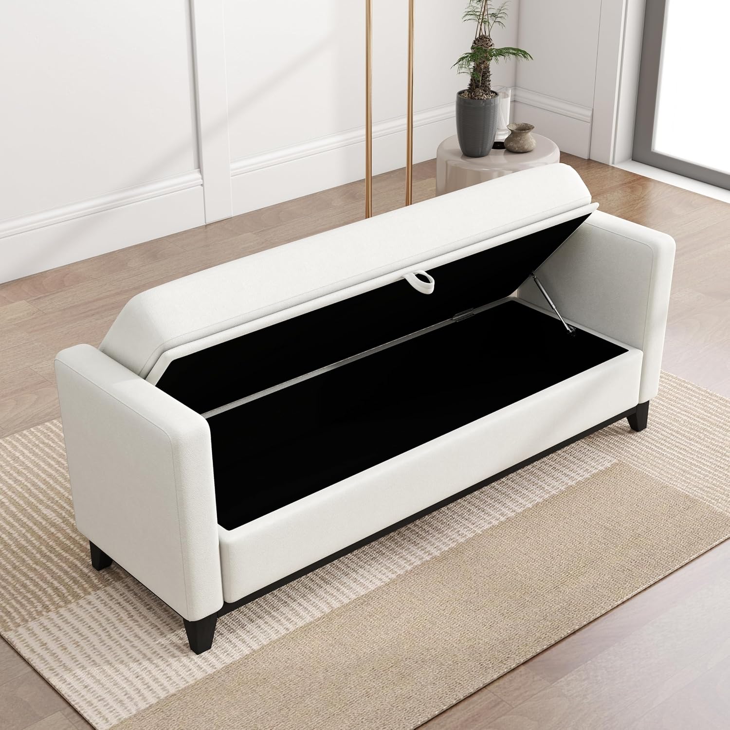 KEIKI Upholstered End of Bed Storage Bench, 66" Modern Bedroom Bench Indoor Bench with 2 Bolster Pillows, Entryway Bench with Solid Wood Frame for Bedroom Living Room, Beige+Black