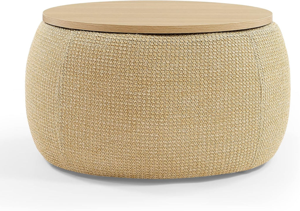 Modern Round Storage Ottoman with Wooden Top,Handmade Luxury Pleated Circle Fabric Storage Ottoman Coffee Table,End Table & Footstool for Living Room（Natural）