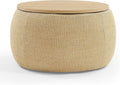 Modern Round Storage Ottoman with Wooden Top,Handmade Luxury Pleated Circle Fabric Storage Ottoman Coffee Table,End Table & Footstool for Living Room（Natural）