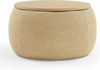 Modern Round Storage Ottoman with Wooden Top,Handmade Luxury Pleated Circle Fabric Storage Ottoman Coffee Table,End Table & Footstool for Living Room（Natural）