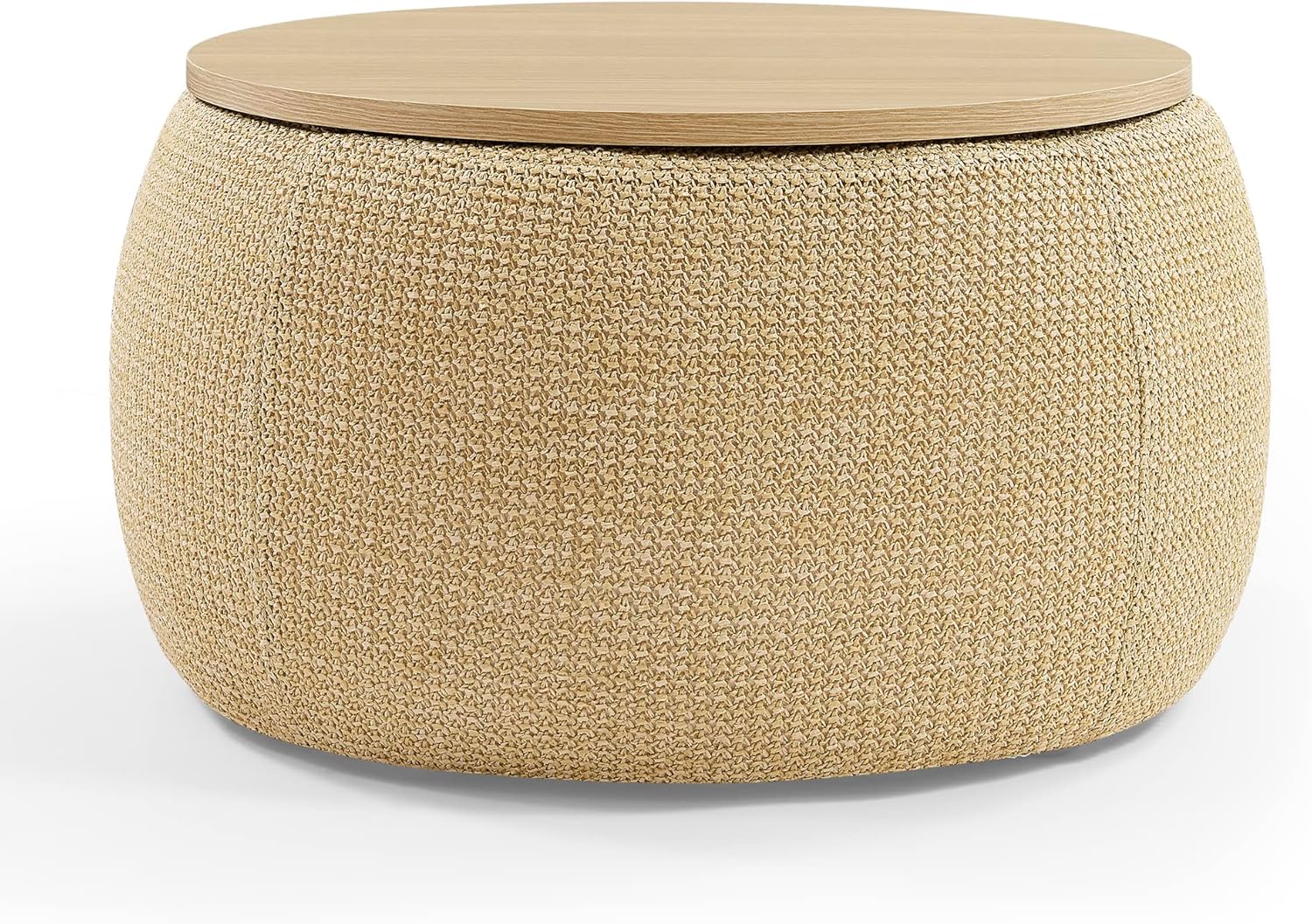 Modern Round Storage Ottoman with Wooden Top,Handmade Luxury Pleated Circle Fabric Storage Ottoman Coffee Table,End Table & Footstool for Living Room（Natural）