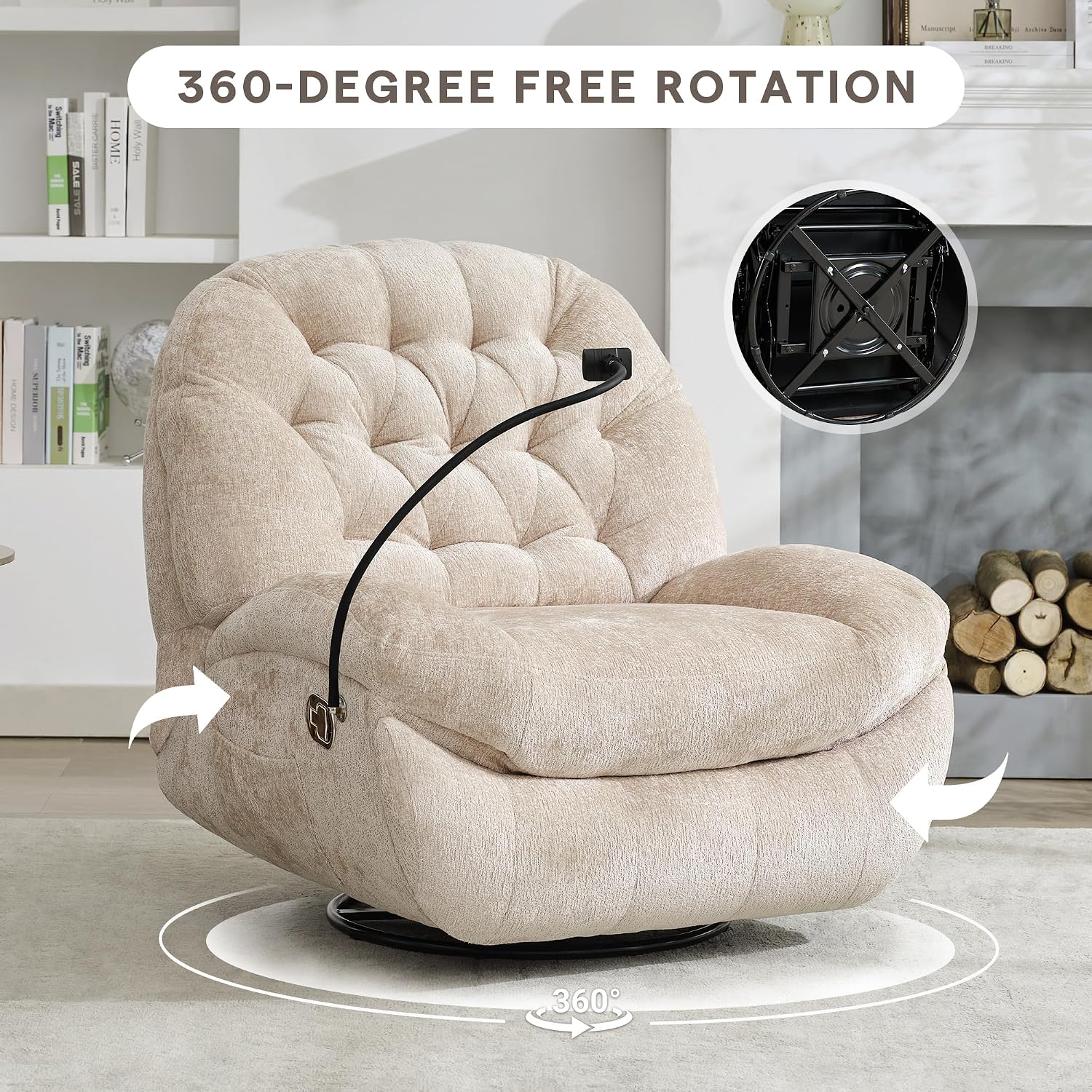 Swivel Rocker Recliner Chair,Oversized Swivel Rocking Sofa | Large Glider Recliner with Phone Holder for Living Room,Chenille,Cream Beige