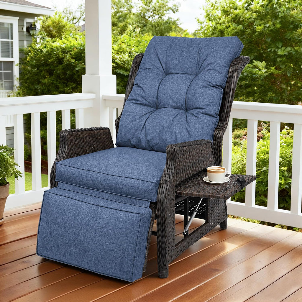 Outdoor Indoor Wicker Recliner with Adjustable Back and Footrest, Patio Reclining Chair with Flip-up Table, Outdoor Rattan Lounge Chair,Navy