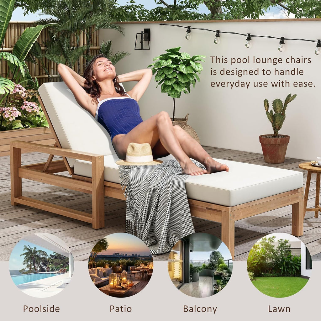 Think 30Lounge Chair Set of 2, Patio Sun Tanning Chair, Outdoor Chaise Lounger with 5-Position Reclining Back, for Pool, Balcony & Garden,Light Teak