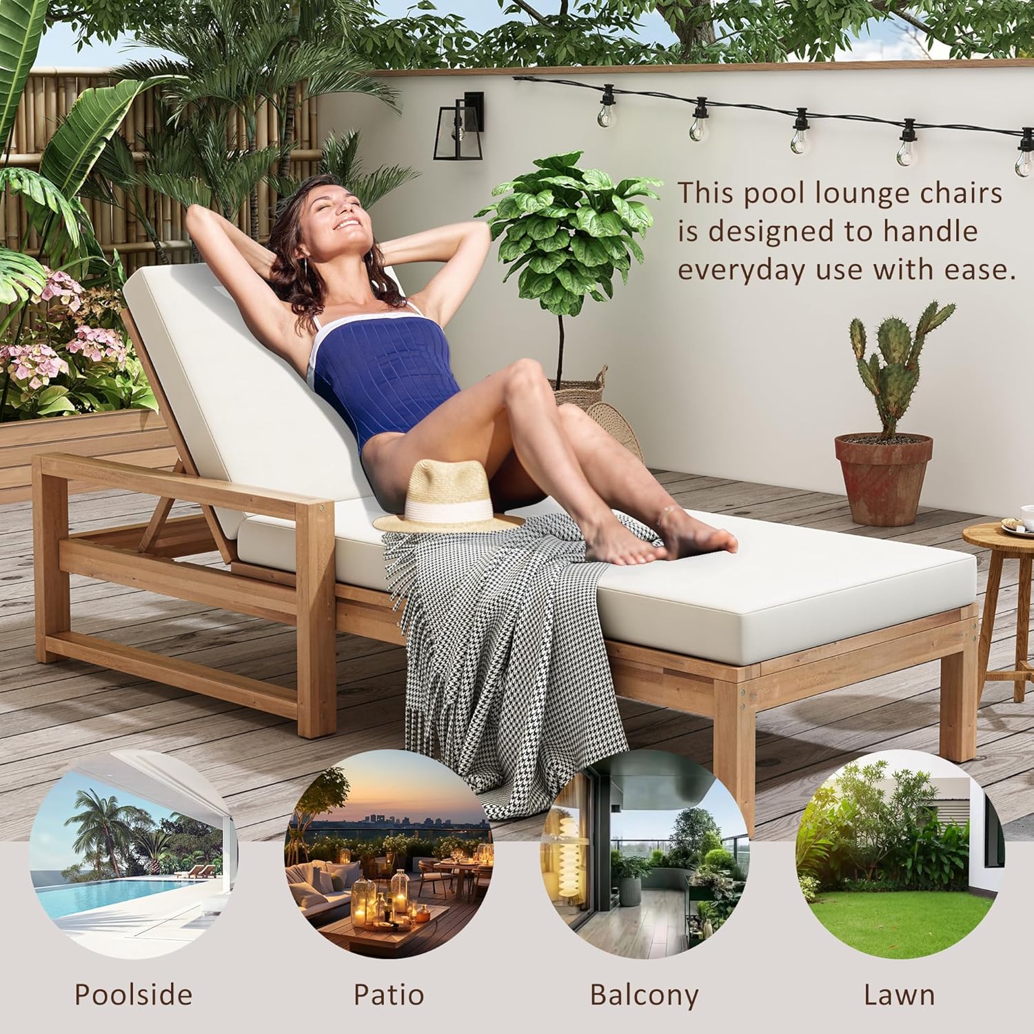 Think 30Lounge Chair Set of 2, Patio Sun Tanning Chair, Outdoor Chaise Lounger with 5-Position Reclining Back, for Pool, Balcony & Garden,Light Teak