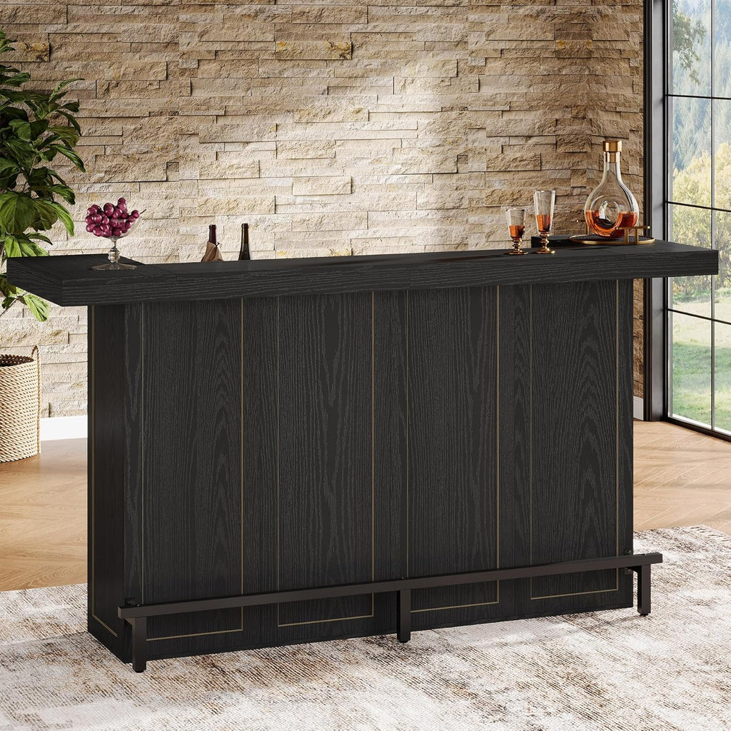 Tribesigns 4-Tier Bar Table, 70.9-Inch Large Wooden Home Bar Unit with Wine Glass Holder and Black Footrest, Pub Table with Storage Shelves for Dining Room, Living Room, Black