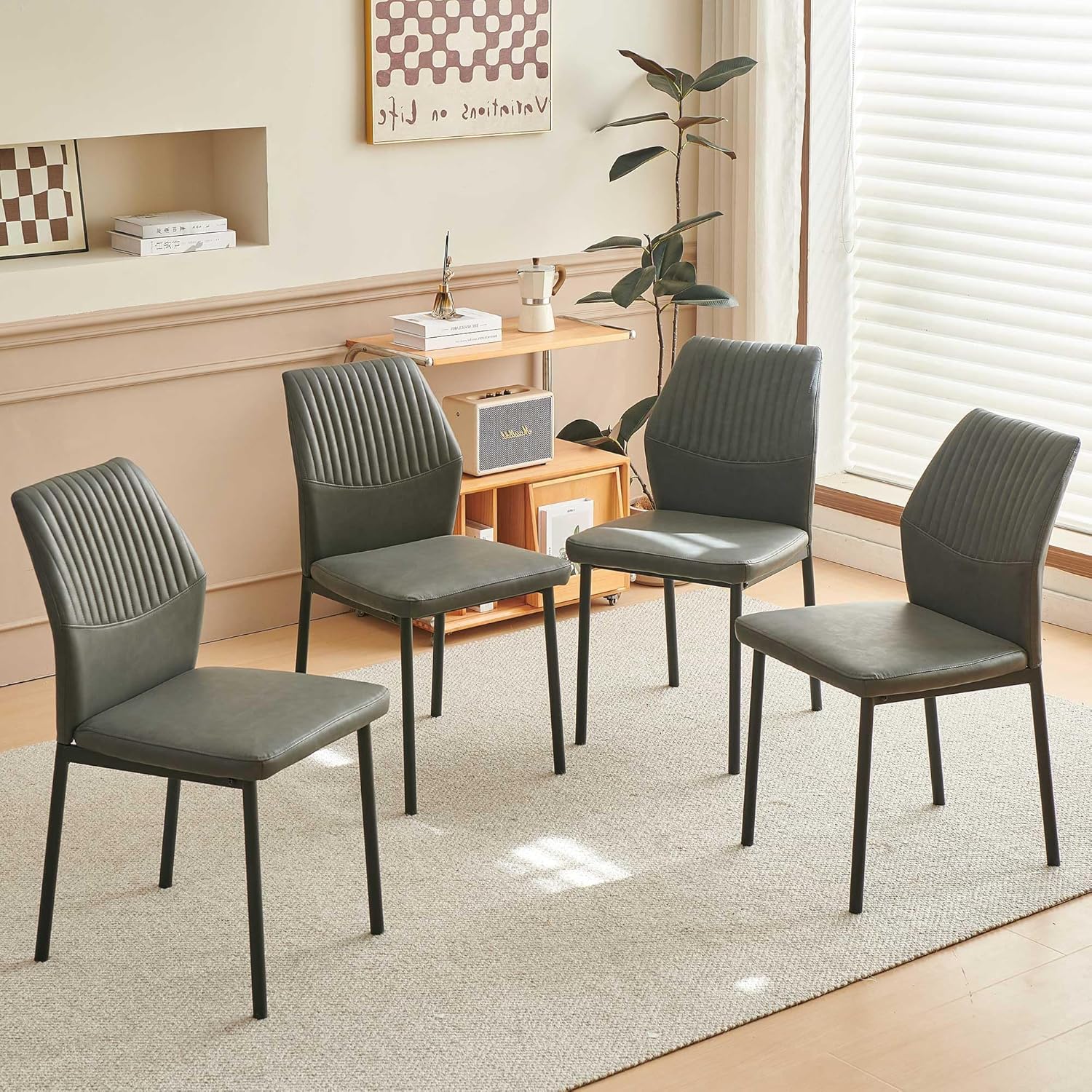 Dining Room Chairs Set of 4, PU Leather Seats with Black Metal Legs, Waterproof Chairs Set of 4 for Kitchen & Dining Room, 15-Min Assembly - Dark Grey