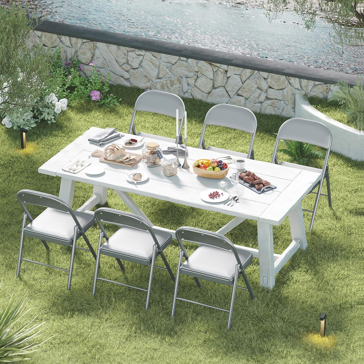 SKONYON Padded Folding Chairs Set of 6, 450LBS, PU Cushion, Gray | 6 pack gray folding chairs with cushioned seat & back, heavy duty steel frame, for party, dining & bulk event seating