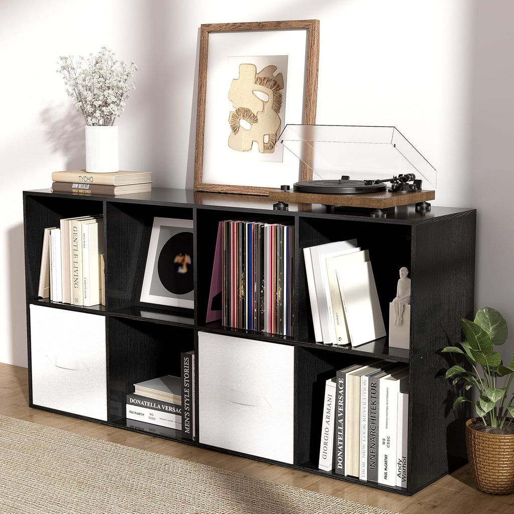 8 Cube Storage Organizer, 11 in Black Cube Shelf, Wood Cubby Storage Organizer with Back Panel & Open Compartments, Vertical or Horizontal Cube Bookshelf Bookcase for Living Room, Bedroom, Entryway