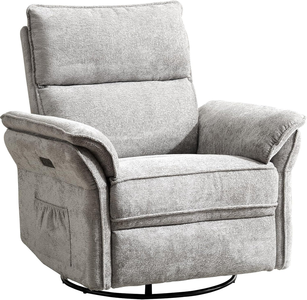 Power Swivel Rocker Recliner, Glider Recliner Nursery Chair with Massage and Heat, Nursery Rocking Chairs with Adjustable Headrest for Living Room，USB Ports,Side Pockets,Chenille Light Grey