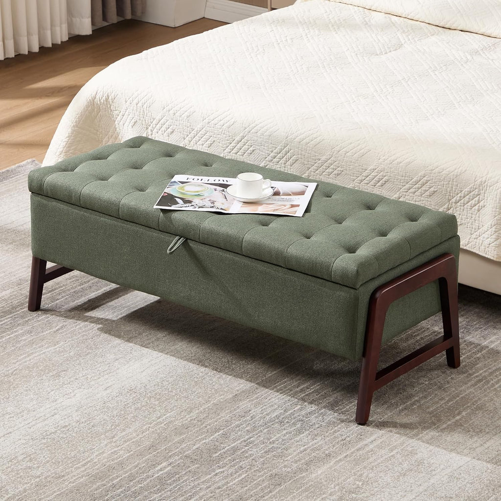 48" Ottoman with Storage,Storage Ottoman Bench with Hinge, Upholstered Entryway Bench with Seating for Bedroom, Living Room, Green