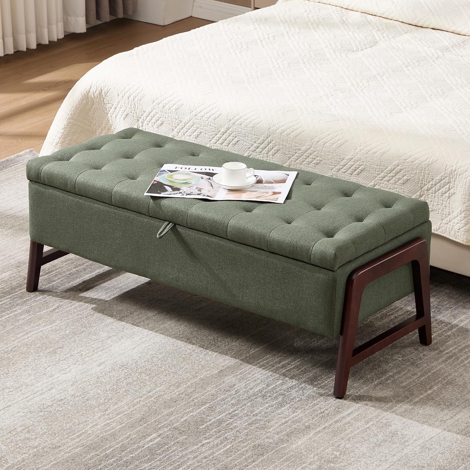 48" Ottoman with Storage,Storage Ottoman Bench with Hinge, Upholstered Entryway Bench with Seating for Bedroom, Living Room, Green