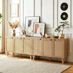 GREEN PARTY 47" Rattan Sideboard Buffet Cabinet with Storage, 3-Door Boho Coffee Bar Cabinet, Kitchen Storage Cabinet with Adjustable Shelves for Dining Room, Living Room, Entryway