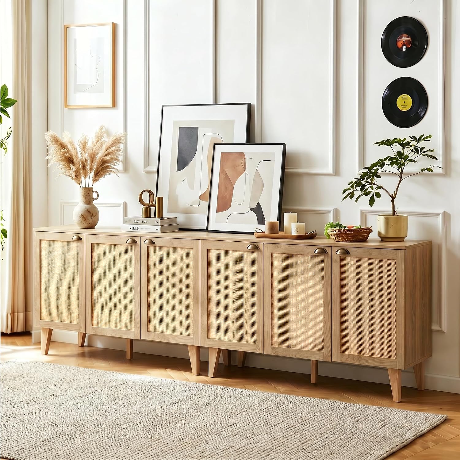 GREEN PARTY 47" Rattan Sideboard Buffet Cabinet with Storage, 3-Door Boho Coffee Bar Cabinet, Kitchen Storage Cabinet with Adjustable Shelves for Dining Room, Living Room, Entryway