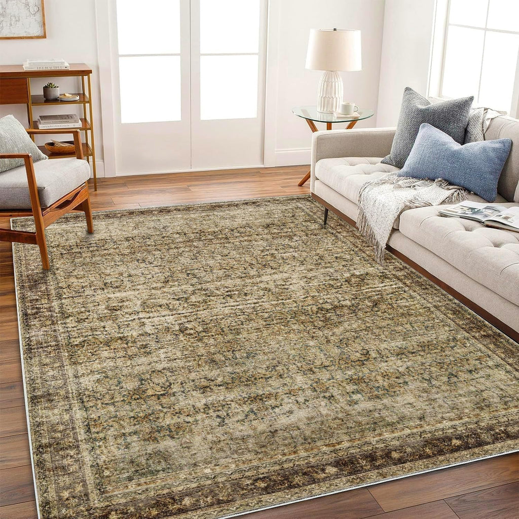 CHAMPLANT Area Rug 8x10 Washable Rug Brown Vintage Traditional Mat Distressed Indoor Foldable Thin Retro Accent Floral Non Slip Carpet Living Room Dining Room Office