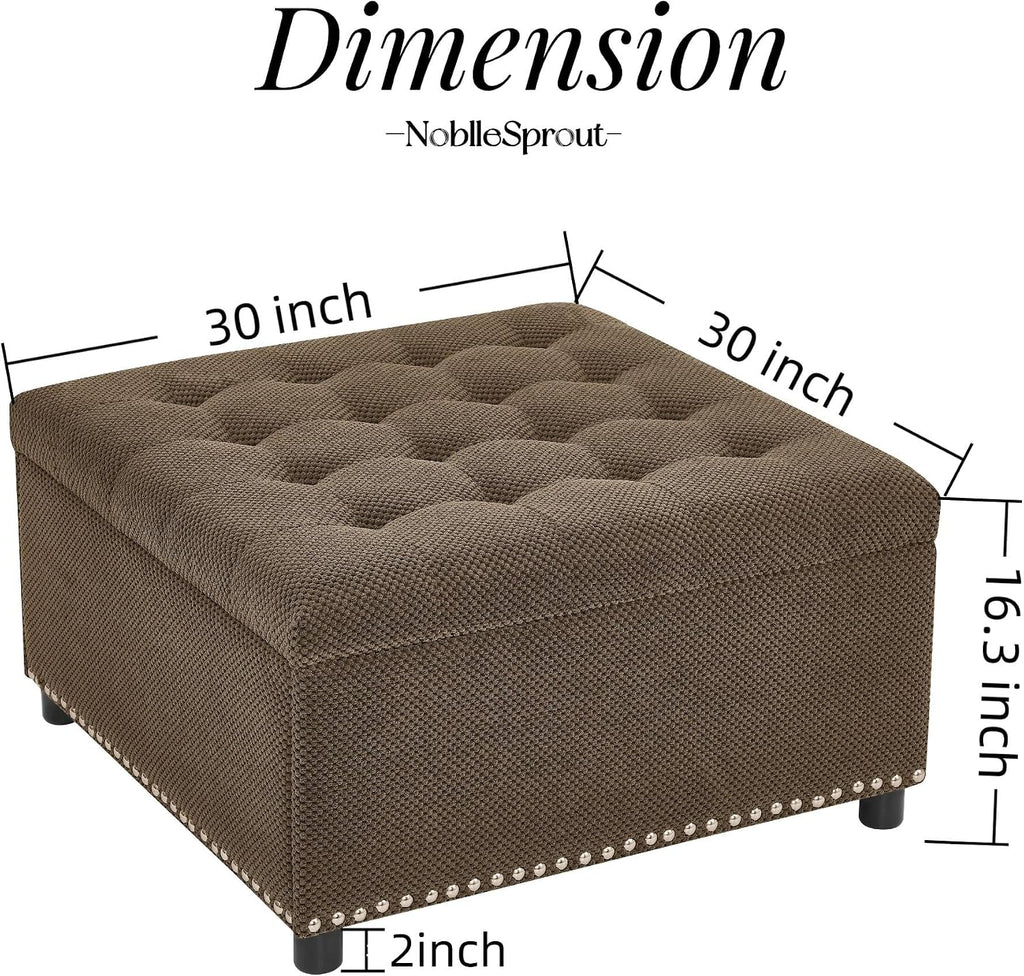 Square Ottoman with Storage, 30" Large Storage Ottoman Foot Rest Stool with Tufted Top and Nailhead Trim for Living Room, Bedroom, Entryway, Coffee Brown