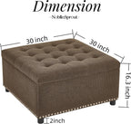Square Ottoman with Storage, 30" Large Storage Ottoman Foot Rest Stool with Tufted Top and Nailhead Trim for Living Room, Bedroom, Entryway, Coffee Brown