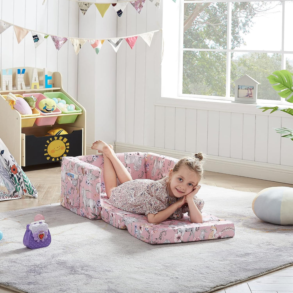 Ulax furniture Kids Convertible Sofas Children Flip-Out Sofa - 2-in-1 to Lounge Chair (Pink Unicorn)