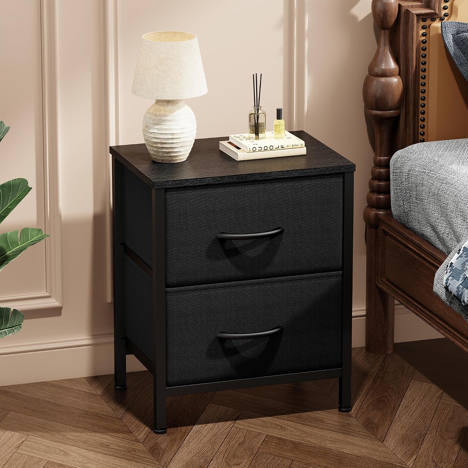 Sweetcrispy Nightstands Set of 2 with 2 Storage Drawer, Small Bedside Table | Small Dresser with Sturdy Wooden Top for Daily Essential, Compact Nightstand for Bedroom and Small Spaces, Black 2PC
