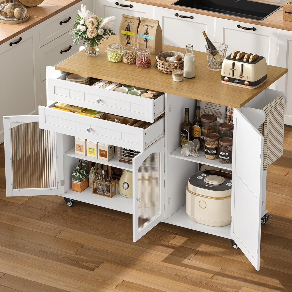 FINETONES Kitchen Island with Storage, Rolling Kitchen Island on Wheels with Wood Drop Leaf Countertop, Island Table Bar Cart with Spice Towel Rack Portable Kitchen Table Kitchen Carts on Wheels