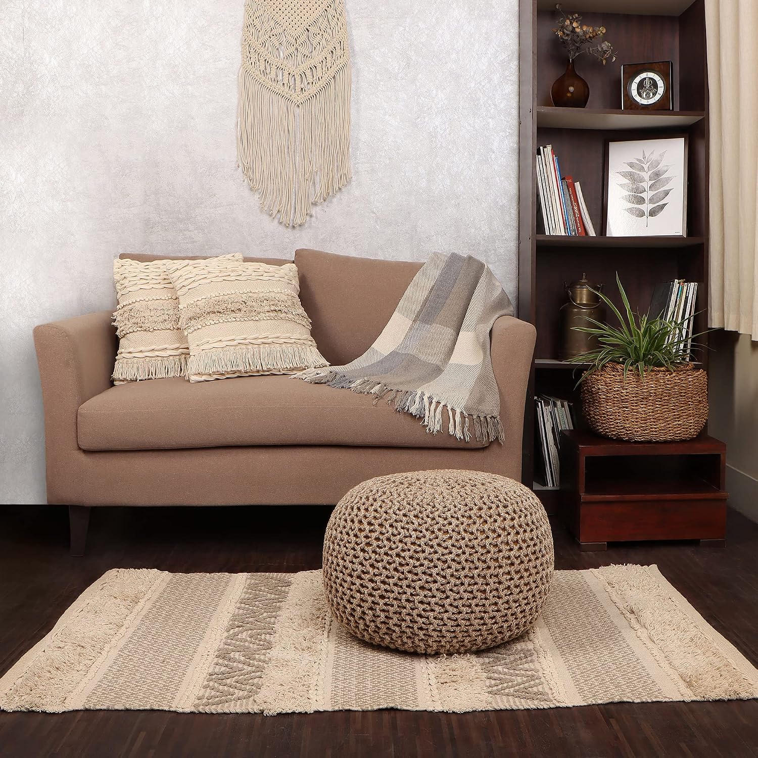 · REDEARTH · Round Pouf Ottoman - Hand Knitted Boho Poof - Beige Ivory | 100% Cotton, 18"x18"x14"; Doubles as Footstool, Foot Rest; Great for Living Room, Bedroom, Nursery, Patio, Dorm, Lounge