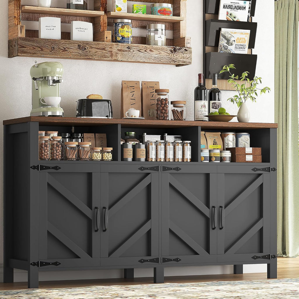 knoworld 55'' Farmhouse Buffet Sideboard with Storage, 4 Doors & Shelves, Large Wood Kitchen Storage Cabinet, Coffee Bar Buffet Table for Kitchen, Dining Room, Entryway