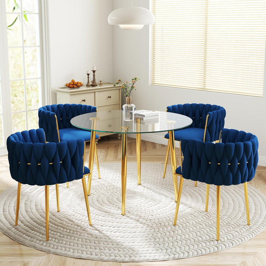 Gold Glass Round Dining Set for 4, 36'' Modern Minimalist Luxury Circle Dinner Room Set, 5 Piece Clear Glass Circular Kitchen Table with Navy Blue Woven Chair Set, for Small Apartment Home