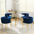 Gold Glass Round Dining Set for 4, 36'' Modern Minimalist Luxury Circle Dinner Room Set, 5 Piece Clear Glass Circular Kitchen Table with Navy Blue Woven Chair Set, for Small Apartment Home