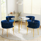 Gold Glass Round Dining Set for 4, 36'' Modern Minimalist Luxury Circle Dinner Room Set, 5 Piece Clear Glass Circular Kitchen Table with Navy Blue Woven Chair Set, for Small Apartment Home