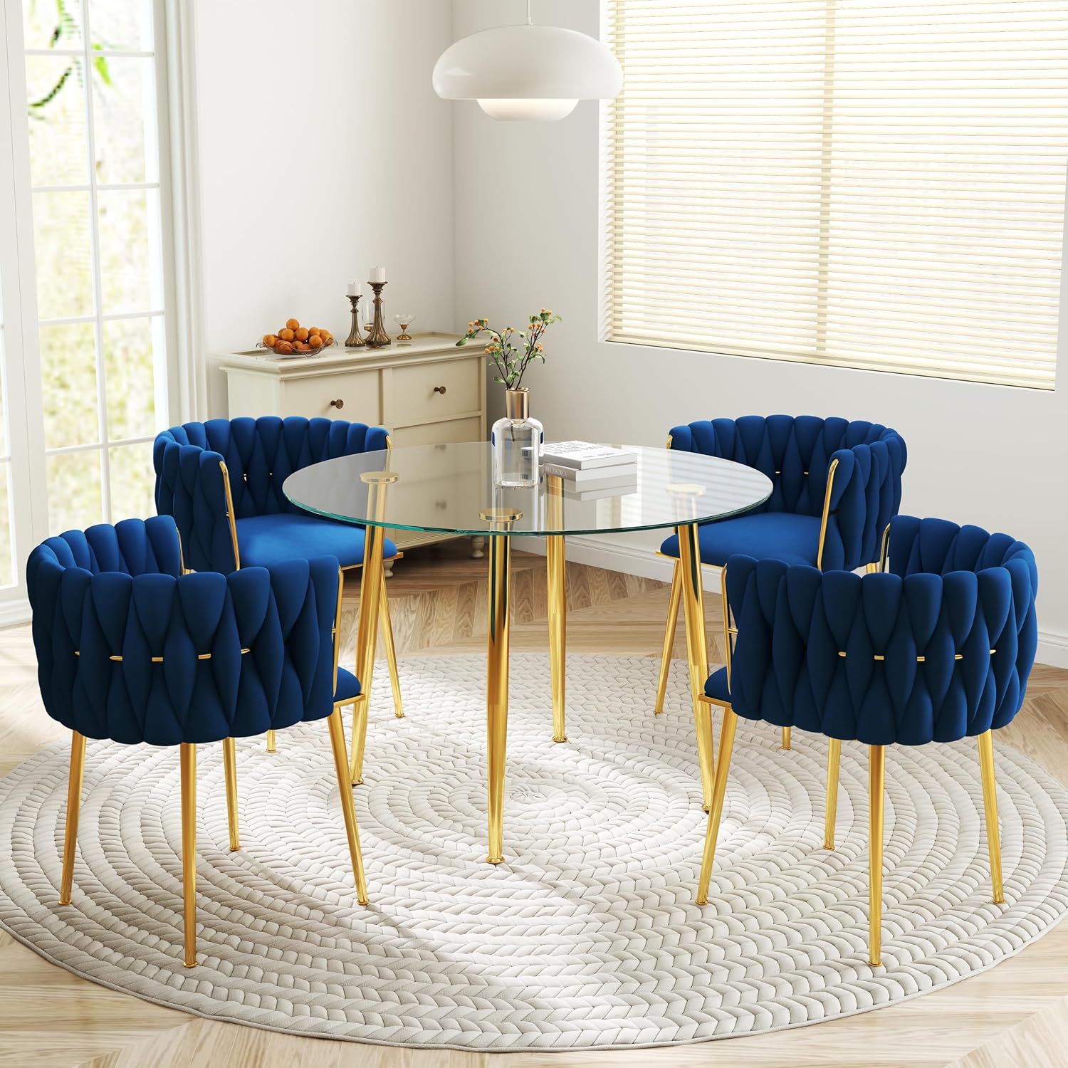 Gold Glass Round Dining Set for 4, 36'' Modern Minimalist Luxury Circle Dinner Room Set, 5 Piece Clear Glass Circular Kitchen Table with Navy Blue Woven Chair Set, for Small Apartment Home