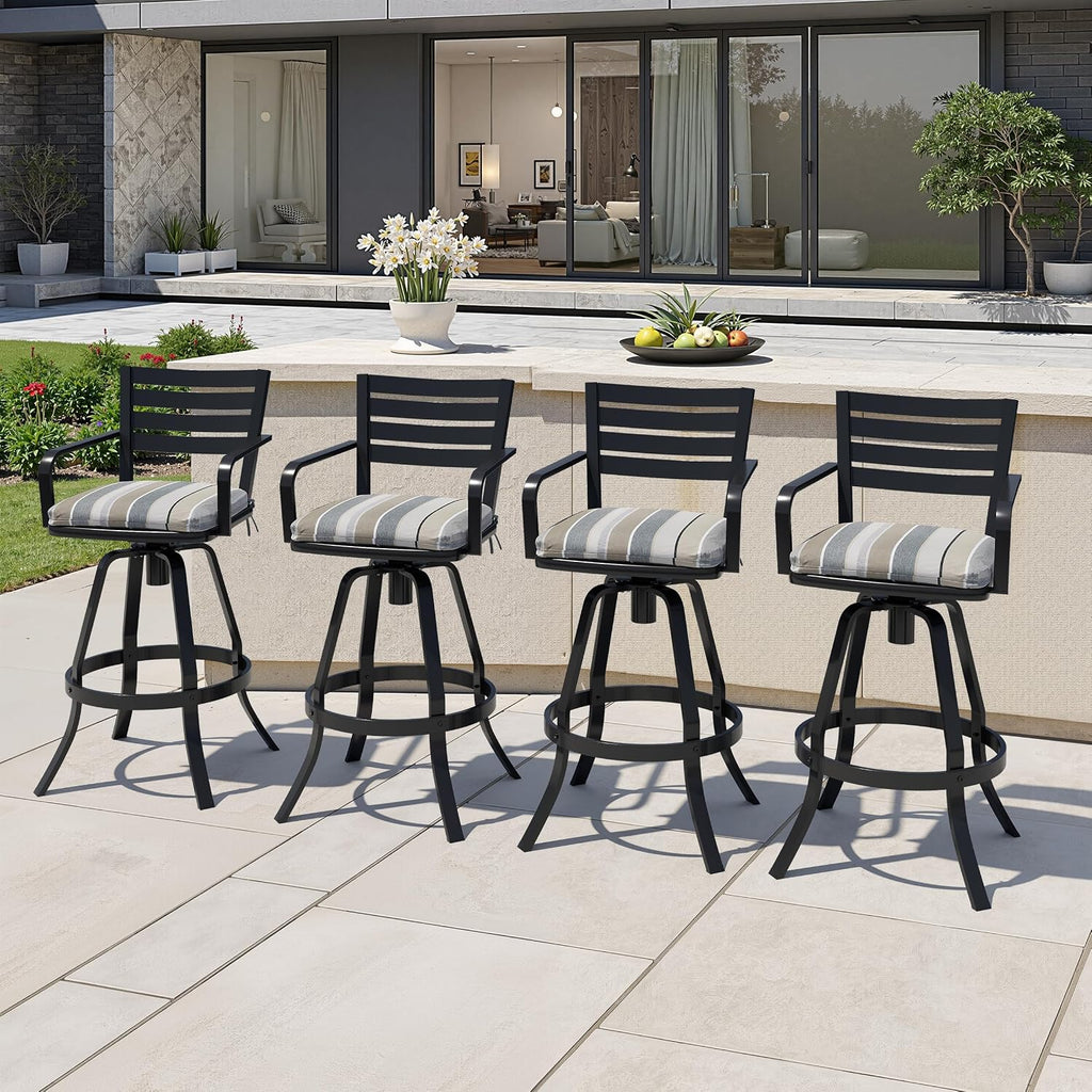 Crestlive Products Heavy Duty Cast Aluminum Outdoor Swivel Bar Stools with Sunbrella Cushion, Patio Bar Height Chair Set of 4, All Weather Black Finish for Outside, Commercial Grade(Milano Char)