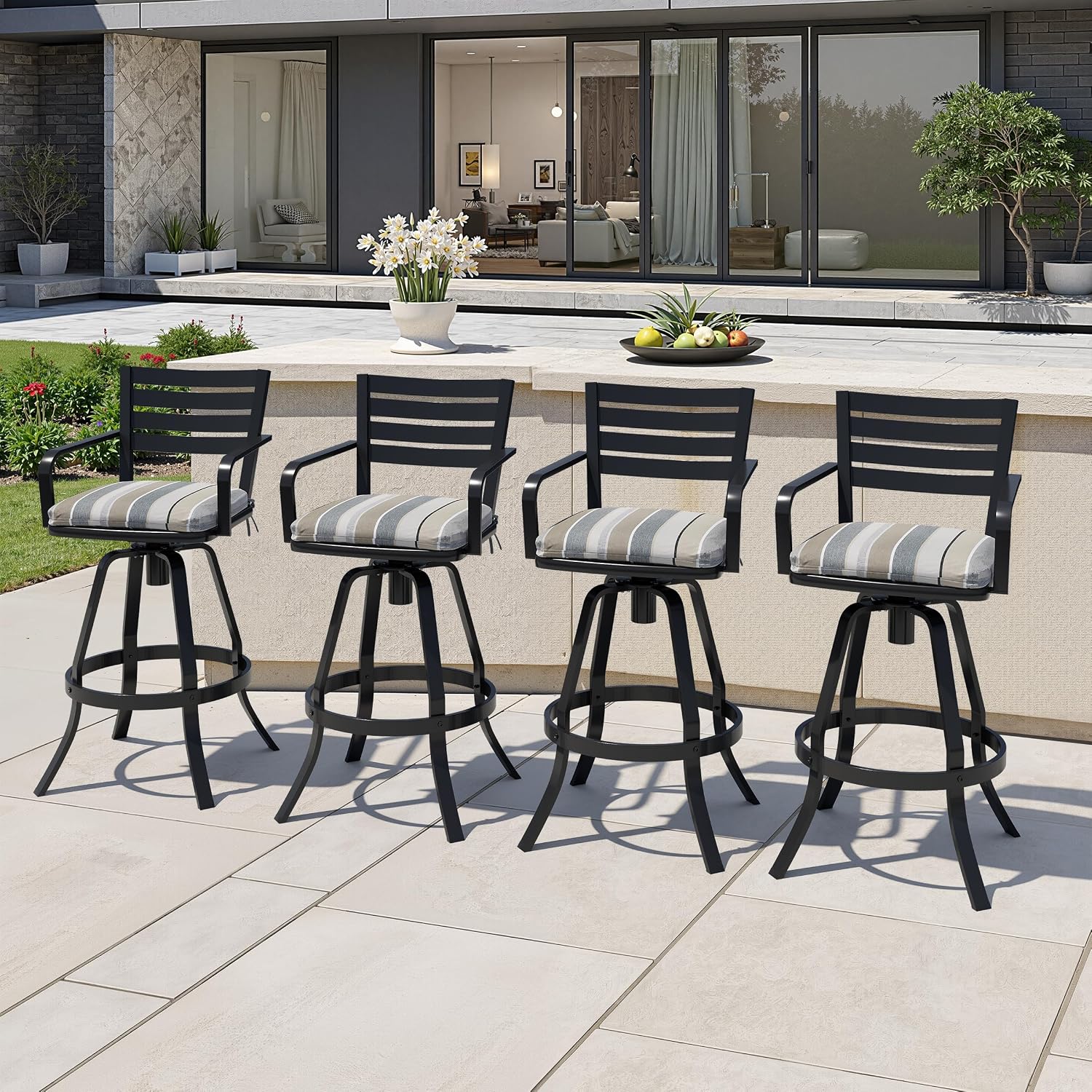 Crestlive Products Heavy Duty Cast Aluminum Outdoor Swivel Bar Stools with Sunbrella Cushion, Patio Bar Height Chair Set of 4, All Weather Black Finish for Outside, Commercial Grade(Milano Char)