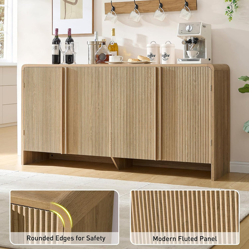 AMERLIFE 63" Fluted Sideboard Buffet Cabinet with Storage, Modern Credenza Console with 4 Doors & Adjustable Shelves, Wood Coffee Bar for Kitchen, Living Room, Hallway, Natural Oak