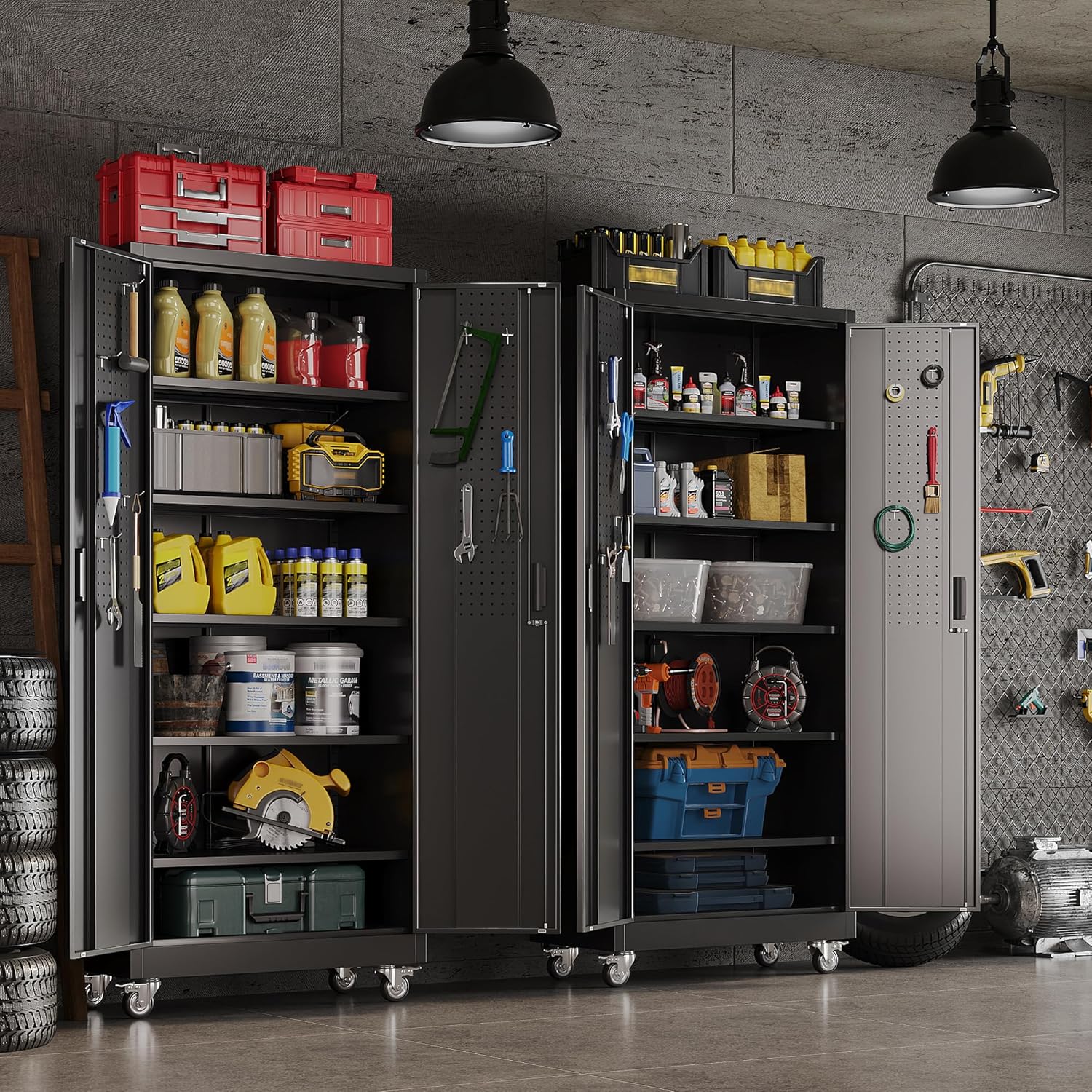 SUXXAN 71" Metal Storage Cabinet with Wheels, Pegboard, Lock, 5 Shelves | Locking steel cabinet with wheels, pegboard and 5 shelves for garage, workshop, office or pantry; assembly required.