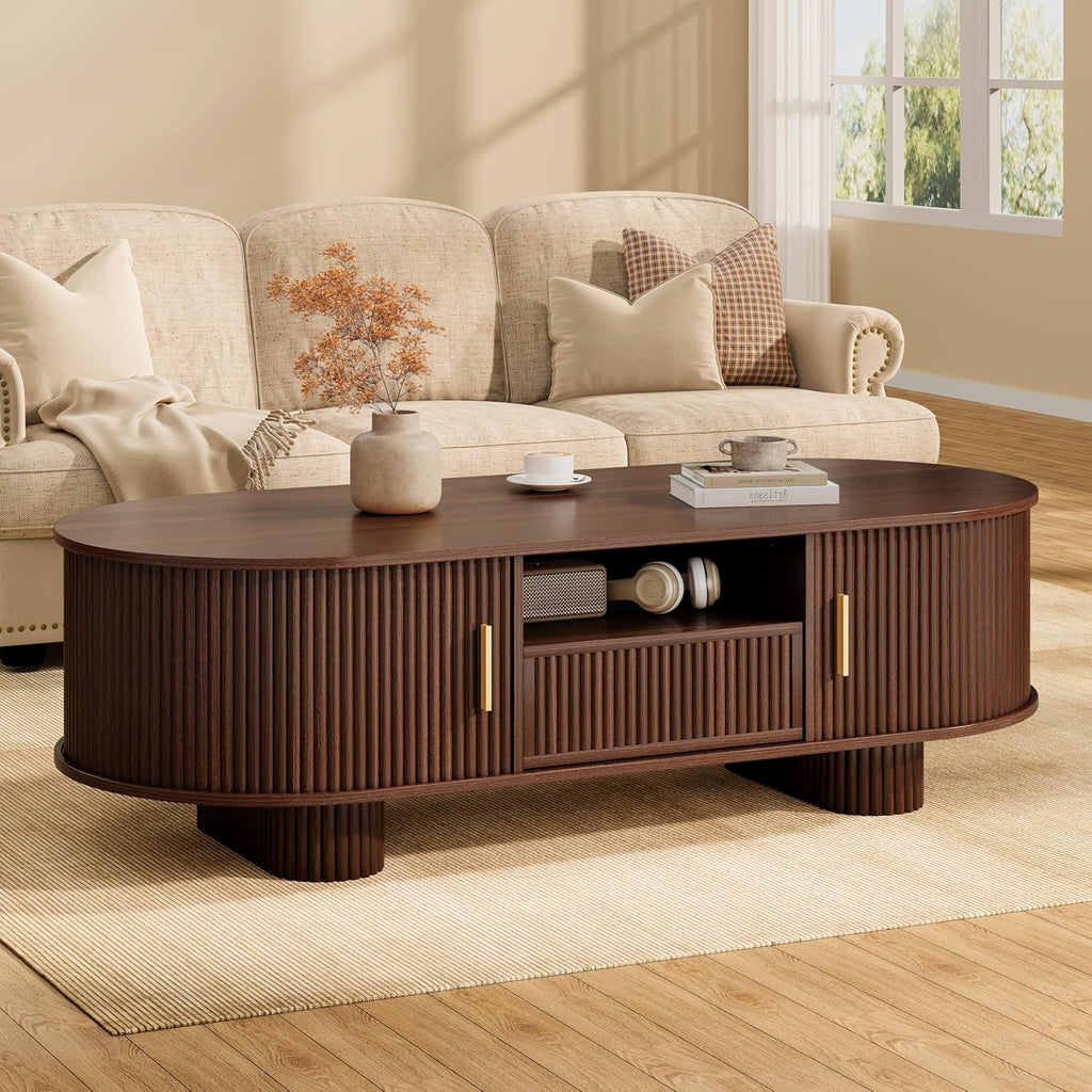 55.1" Oval Coffee Tables with Storage,Fluted Mid Century Modern Center Table with Drawer,Accent Coffee Table with Sliding Door for Living Room Small Space (Walnut)